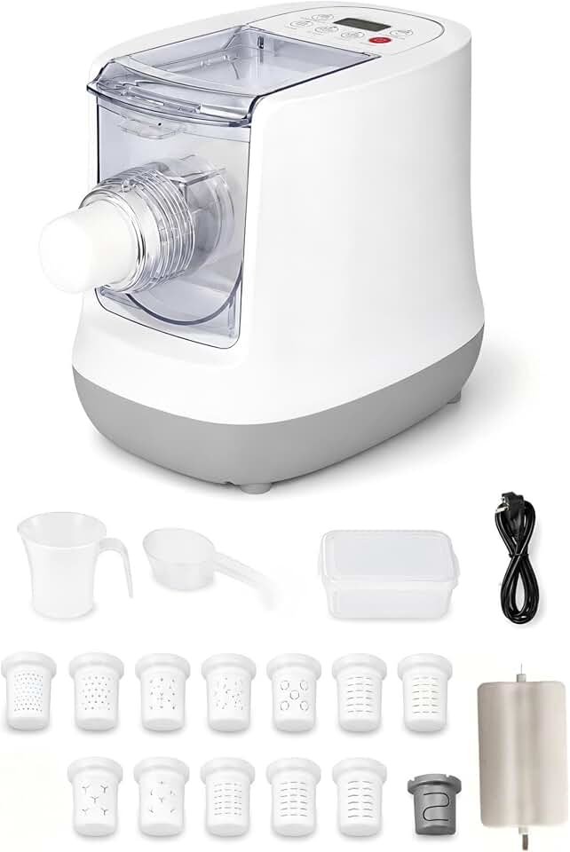 Automatic Pasta Maker, 13 Discs, 500g Flour Capacity | Automatic mixing and extrusion with 13 shaping discs for spaghetti, fettuccine, noodles, and wrapper-style dough sheets