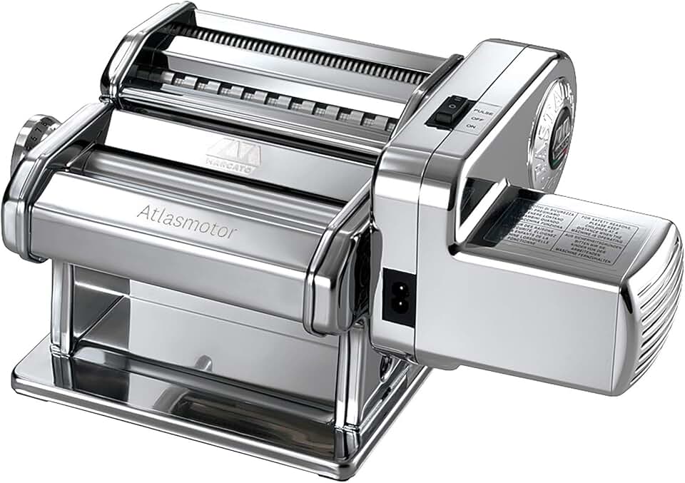 MARCATO Made in Italy Atlasmotor 110V Electric Pasta Machine, Chrome Steel. Set includes Atlas 150, handcrank, clamp, Pastadrive motor, and instruction manual