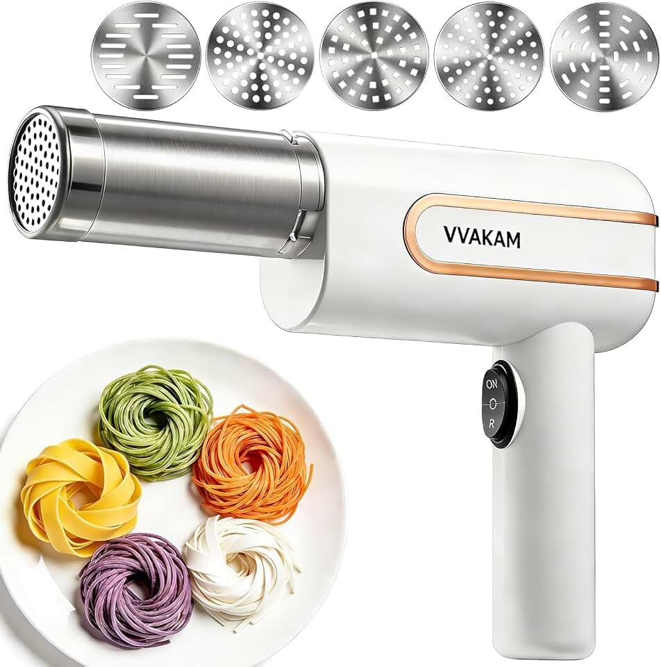 Electric Pasta Maker Machine, Potato Ricer, Automatic Noodle Maker Machine with Powerful Motor, Cordless Handheld Noodle Machine for Kitchen Home Restaurant (White, 5-IN-1)