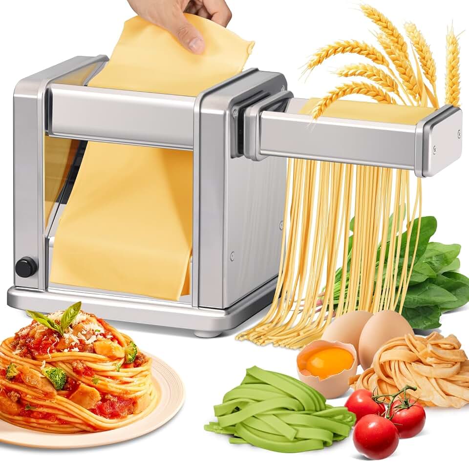 Domestic Electric Pasta Maker Automatic Stainless Steel Noodle Machine with Adjustable Dough Roller/Cutter for Home Handmade Spaghetti, Fettuccini, Lasagna, Pie Crust, Dumpling, Wonton