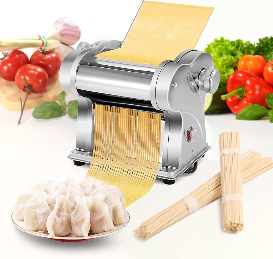 WICHEMI Electric Pasta Maker Machine Automatic Dough Pasta Roller 135W | Automatic Noodle Machine, Dough Spaghetti Pasta Roller, Making 4mm/9mm Flat Noodle, Stainless Steel, For Home Restaurant Use