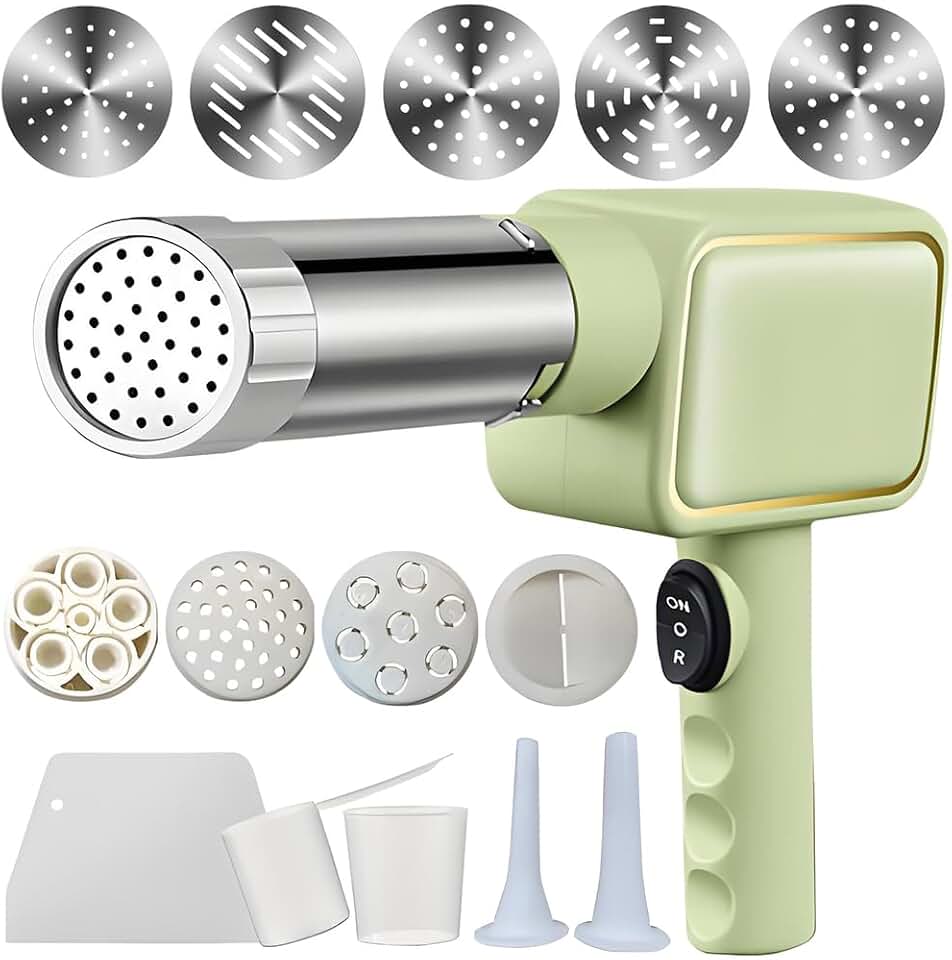 Electric Pasta Maker, Handheld Pasta Maker Machine,Green | All-in-One Cordless Noodle Machine, with Shaping Molds and Cutter