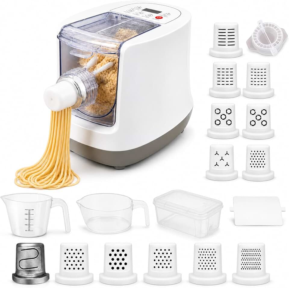 Electric Pasta Maker Machine – Automatic Noodle Maker with 13 Shape Discs, 23oz Large Capacity, Digital Touch Control for Spaghetti, Fettuccine, Macaroni &amp; Dumpling Skins