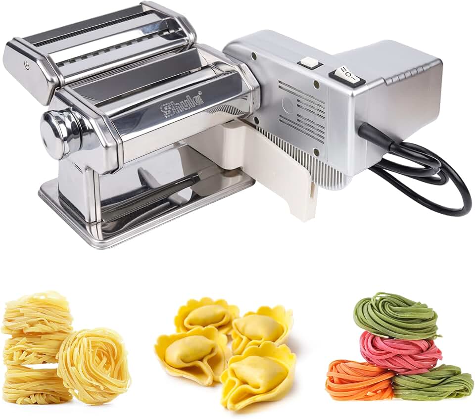 Shule Electric Pasta Maker with Motor, Hand Crank and Ravioli Roller | Two Operating Modes, Seven Dough Settings, Noodle Cutting and Filled-Pasta Preparation