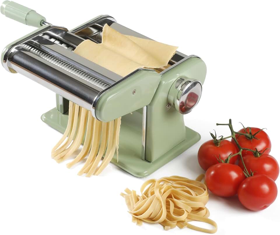 Sur La Table Kitchen Essential Va Bene Manual Pasta Maker Machine Noodle Maker w/Rollers &amp; Cutters - Spaghetti, Fettuccini, Lasagna or Dumpling Skin - Stainless Steel/Juniper Green