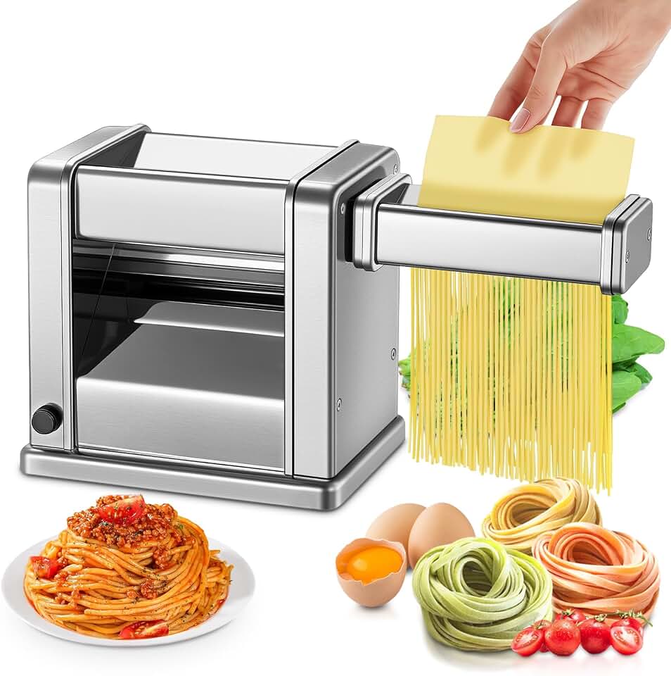 FOHERE Electric Pasta Maker Machine, Adjustable Thickness Noodle Maker for Spaghetti, Fettuccine, Lasagna &amp; Dumpling Skins | 7-Level Customization, Food-Grade Stainless Steel, Easy Clean