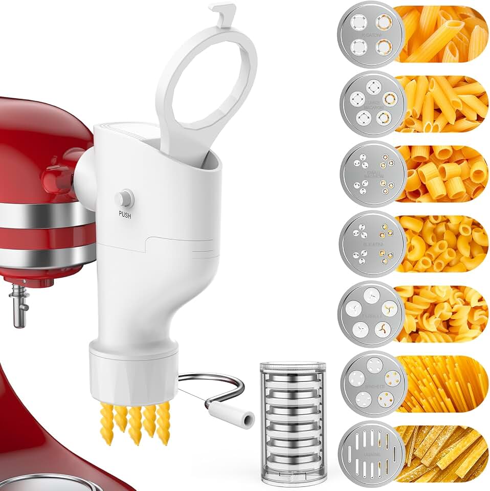 Pasta Press Attachment for KitchenAid Stand Mixer, 7 Pasta Plates | New buckle design.The pasta maker fit all Kitchenaid mixer modol, Perfect for family pasta nights, meal prep, dinner parties.