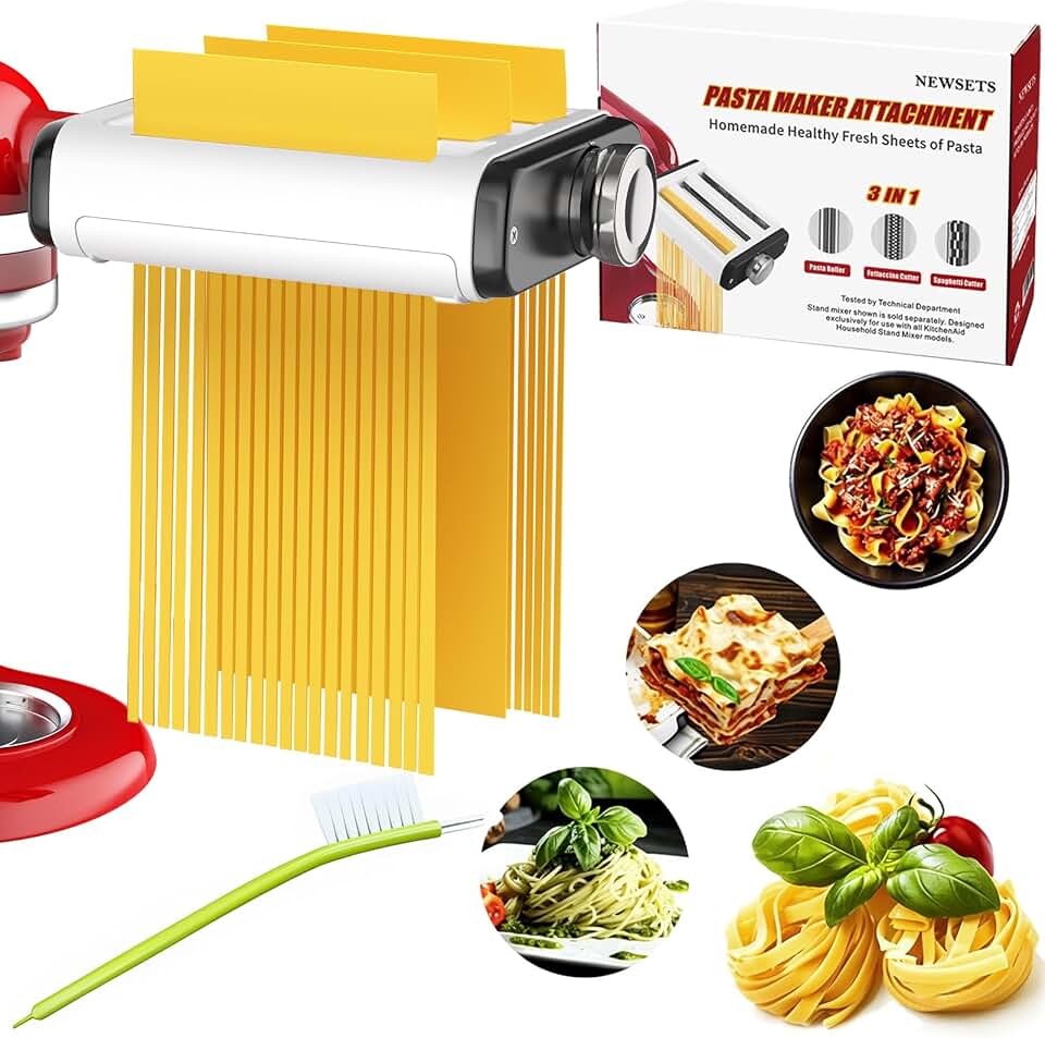 Pasta Maker Attachment for All Kitchenaid Mixers, Noodle Maker Kitchen Aid Mixer Accessories 3 In 1 Including Dough Roller Spaghetti Fettuccine Cutter - Homemade Fresh Pasta Easily!