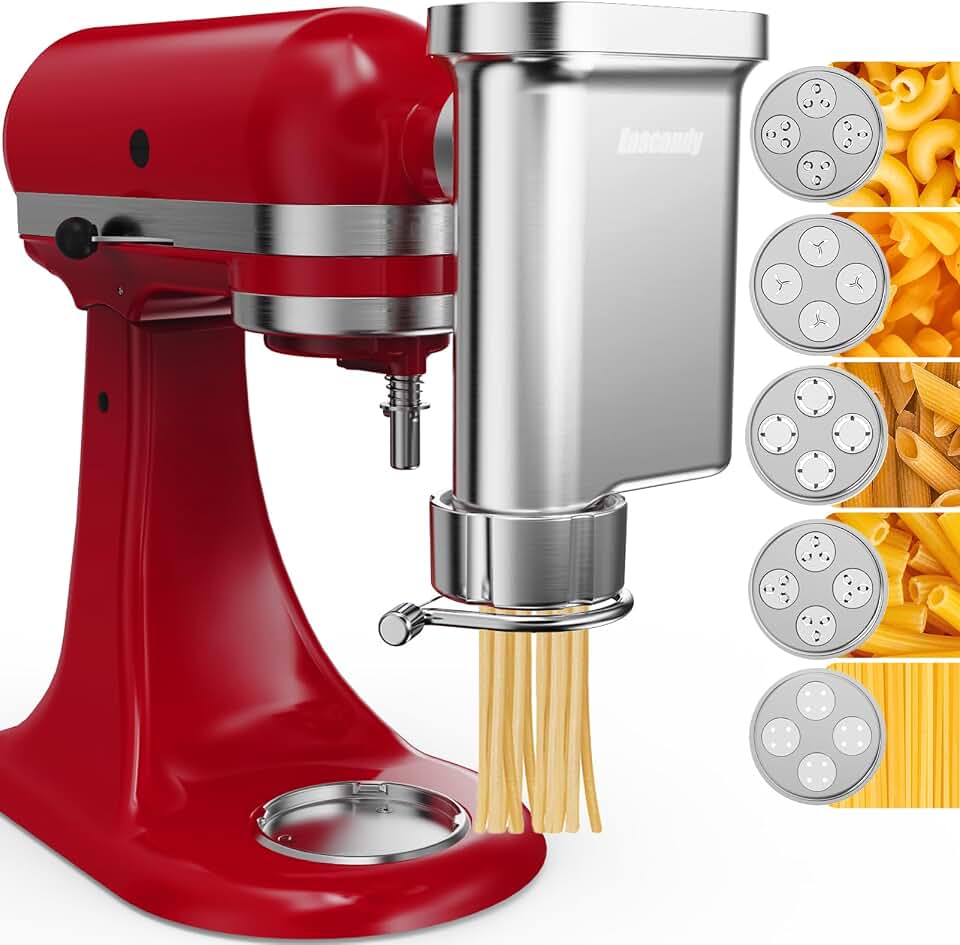 Metal Gourmet Pasta Press Attachment for KitchenAid Stand Mixer – Durable Pasta Maker Attachment with 5 Interchangeable Plates for Spaghetti, Bucatini, Fusilli, Large &amp; Small Macaroni