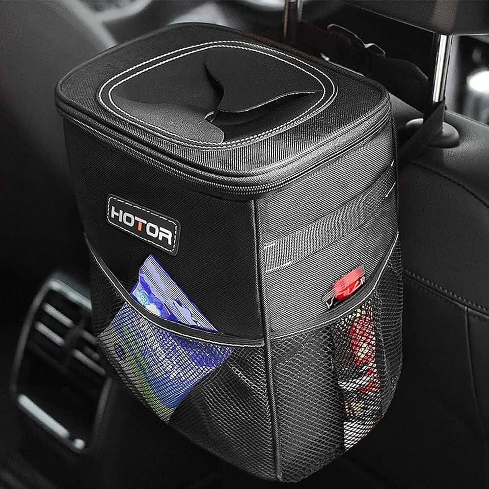 HOTOR Car Trash Can, Leakproof Car Organizer, 2-Gallon, Black | Compact Waterproof Bin, Multifunctional Car Accessory with Adjustable Straps &amp; Magnetic Snaps for Interior Car Storage