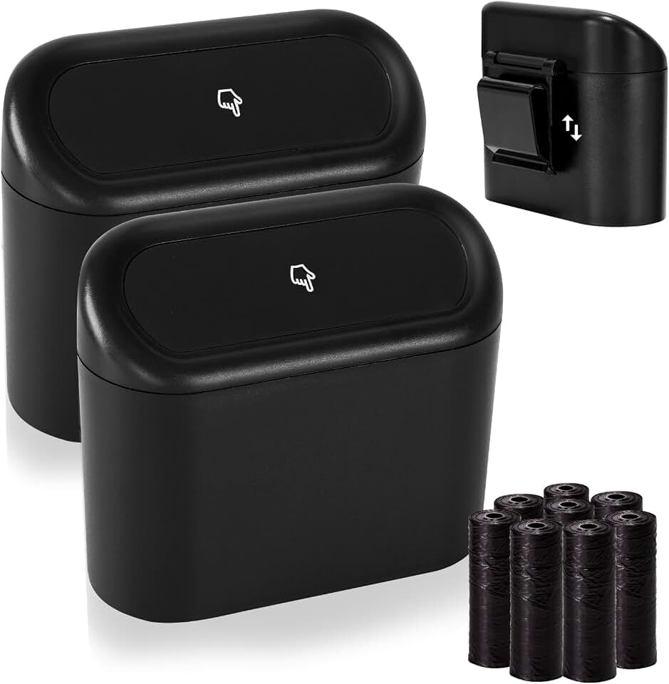 Ginsco 2 Pack Mini Car Trash Can with Lid, Small Car Garbage Can, Cute Leakproof ABS Trash Bin, Cars Accessories for Interior, Garbage Bin for Car, Home, Office with 120pcs Trash Bags Black