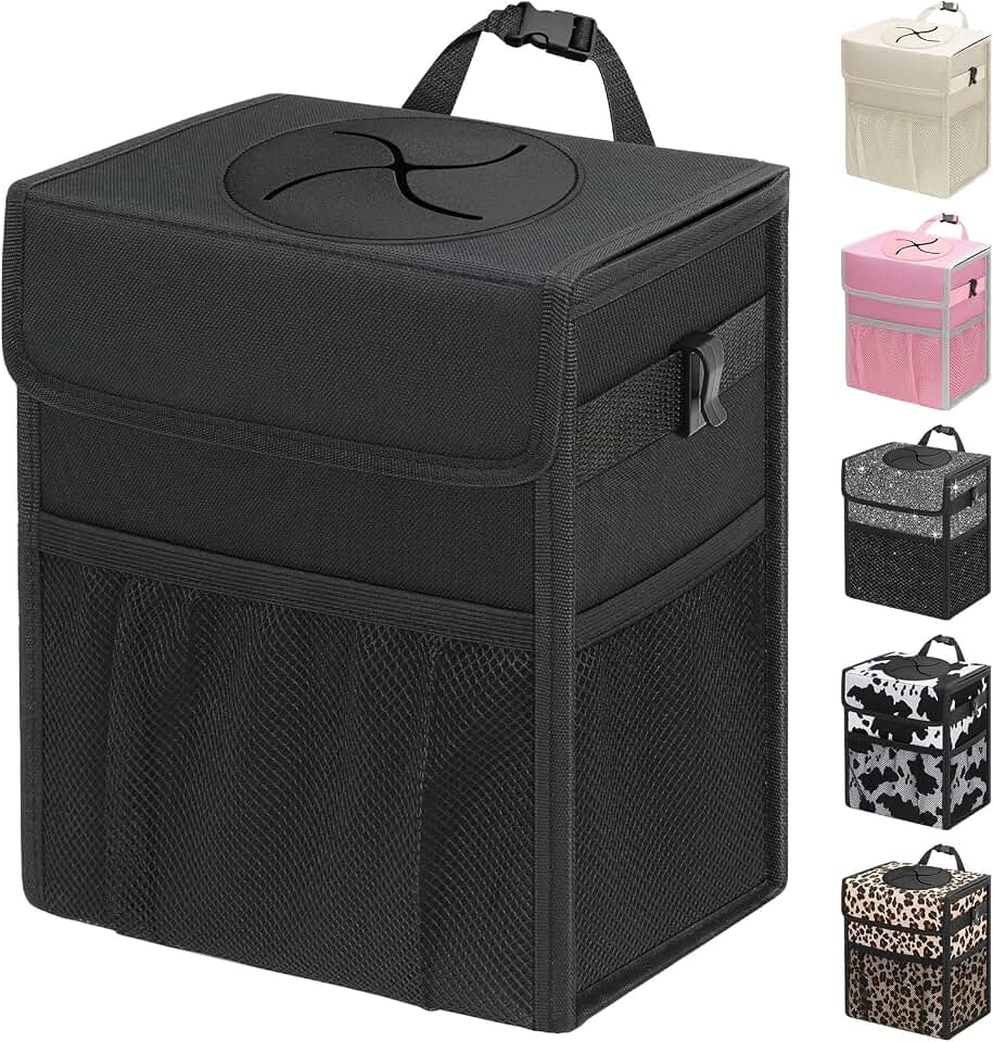 Capolo Car Trash Can with Lid, Leakproof Car Garbage Can Car Trash Bag | Waterproof, Trash Can for Car, 3 Mesh Pockets, Mini Hanging Vehicle Car Trash Bin, for Back/Front Seat (Black,2.5 Gal)