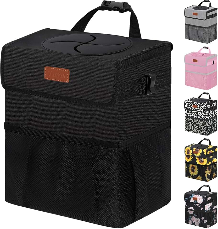 Vankor Car Trash Can with Lid Leak Proof Car Accessories for Women | 2.2 Gallon Cute Hanging Car Trash Bin for Men Car Truck Vehicle Sedan SUV Interior Automotive Garbage Cans, Black