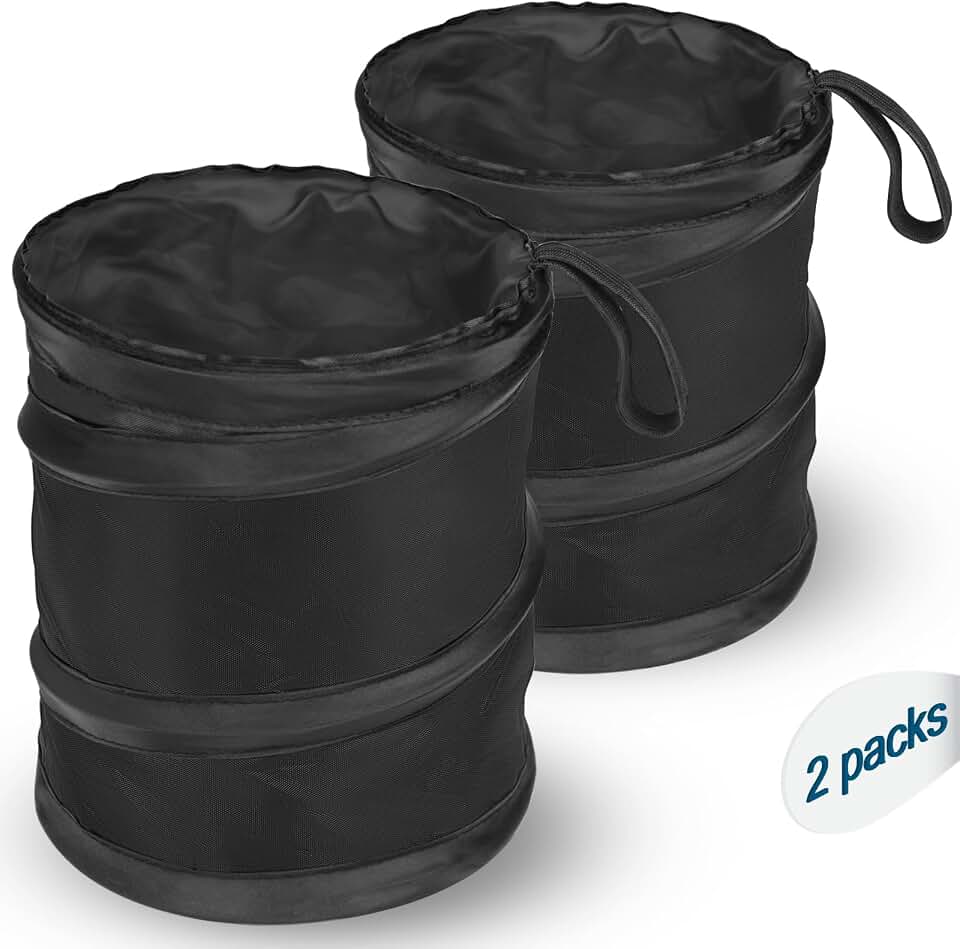 Car Trash Can, 2 Packs Mini Collapsible Pop-up Compact Garbage Can | 1 Gallon Each, Leakproof Waterproof, Hanging &amp; Hook and Loop for Vehicle SUV Truck, Travel Camping, Car Accessories, Black