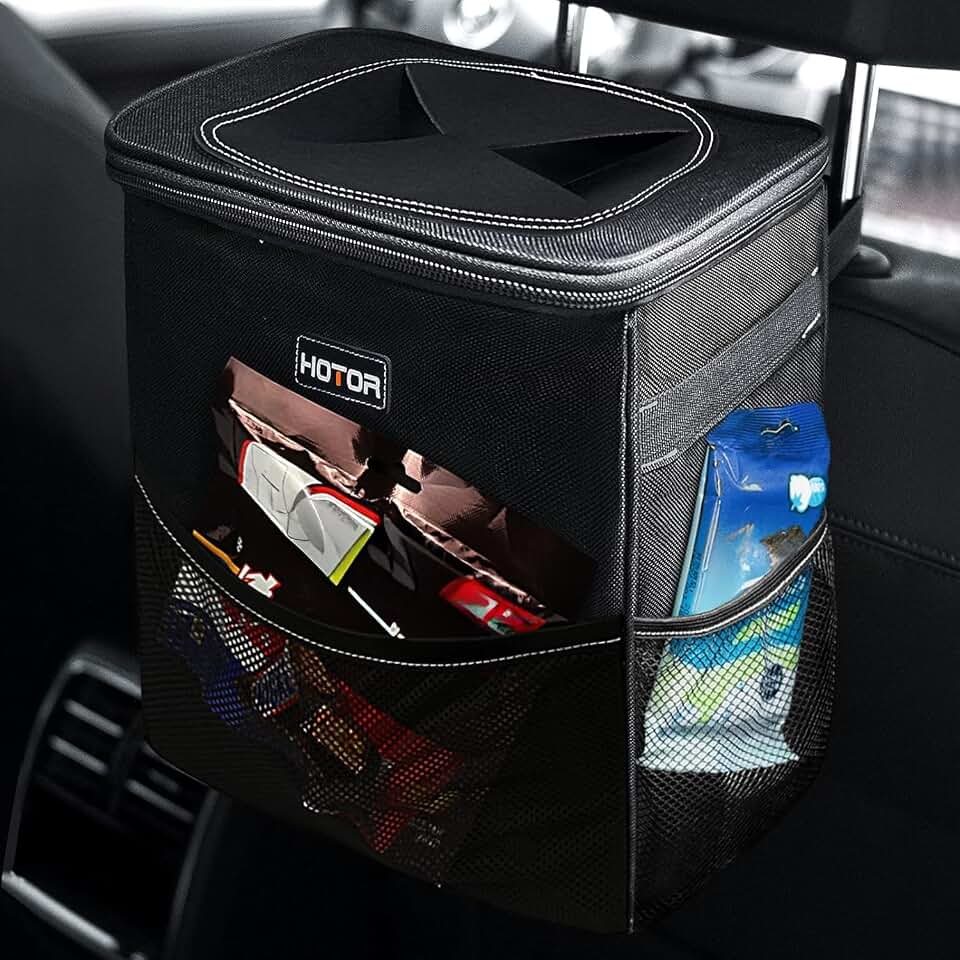 HOTOR Car Trash Can, Leakproof Car Organizer, 3-Gallon, Black | Compact Waterproof Bin, Multifunctional Car Accessory with Adjustable Straps &amp; Magnetic Snaps for Interior Car Storage