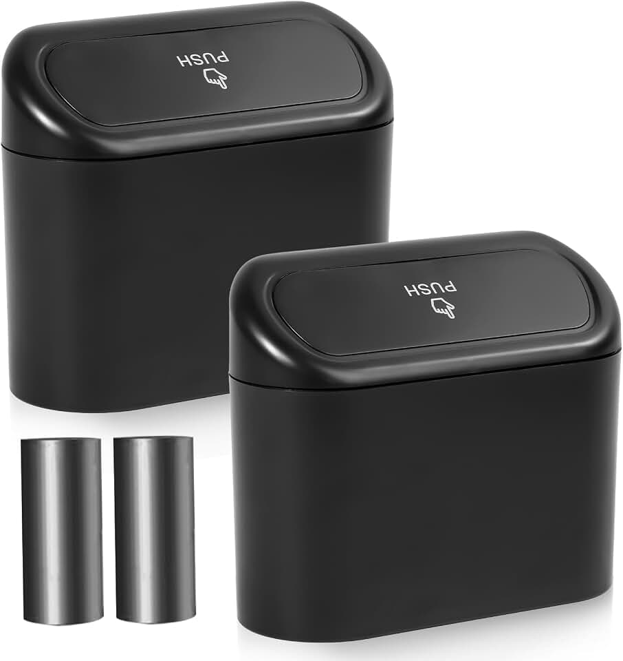 NBTEPEM Car Trash Can with Lid - 2 Pack, Mini Auto Garbage Can with 60 Trash Bags, Leakproof Automotive Garbage Container Bin, Multipurpose Organizers and Storage for Car, Home, Office (Black)