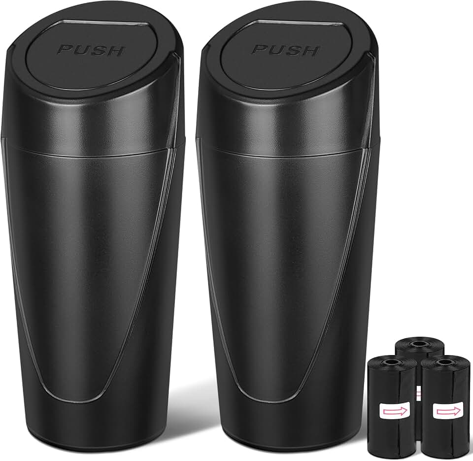 Car Trash Can, 2 Packs Mini Cup Holder Car Garbage Can with Lid | Leakproof Car Trash Bin with 60 Trash Bags, Vehicle Front Back Seat Organizers and Storage for Car, Home, Office, Black