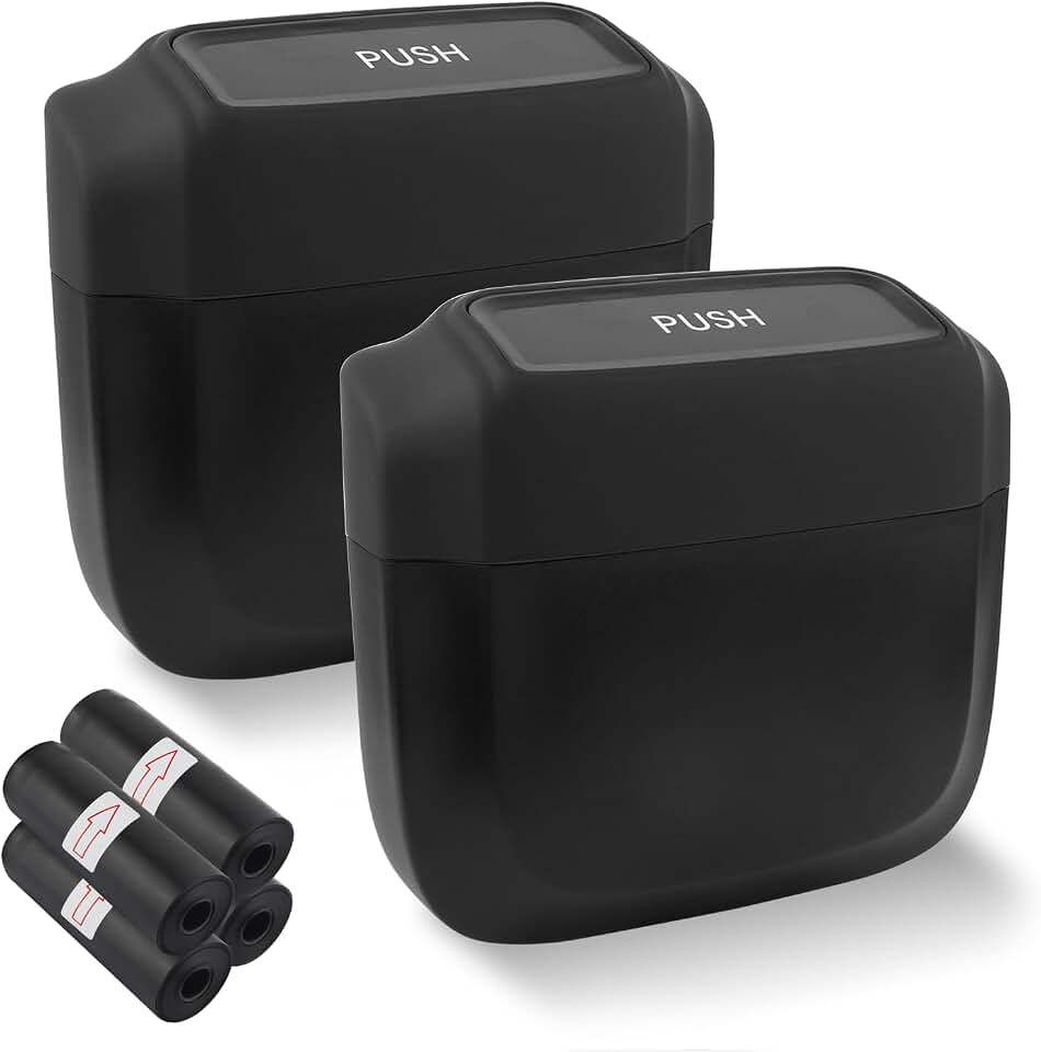 IHOTDER 2PCS Car Trash Can with Lid + 60PCS Garbage Bags,Mini Trash Can Interior Accessories for Door/Seat/Center Console/Home/Office,Multifunctional Car Organizers and Storage (Black)