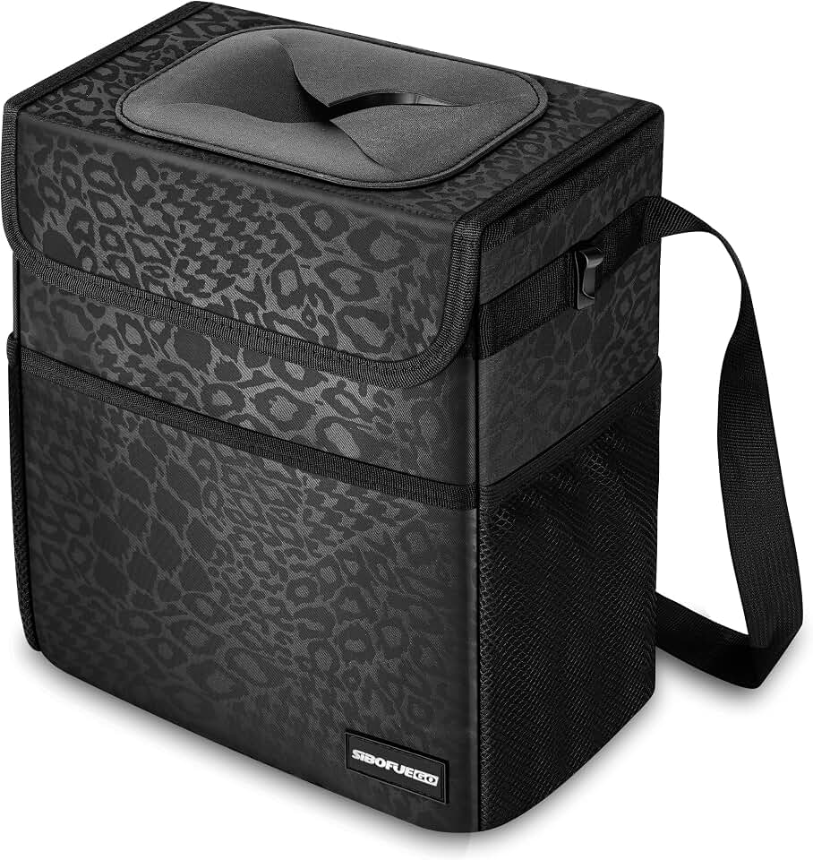 SIBOFUEGO Cute Car Trash Can with Lid, Collapsible, Leak-Proof, 2 Gallon | Black Leopard, Multipurpose Car Organizer with Storage Pockets &amp; Adjustable Straps, Easy-Clean Interior, Car Accessories
