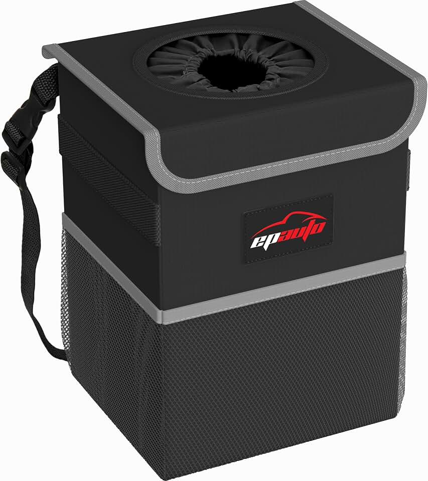 EPAuto Waterproof Car Trash Can with Lid and Pockets, 2.5 Gal, Black | Leakproof, Collapsible Multipurpose Car Bin with 3 Side Storage Pockets, Adjustable Straps