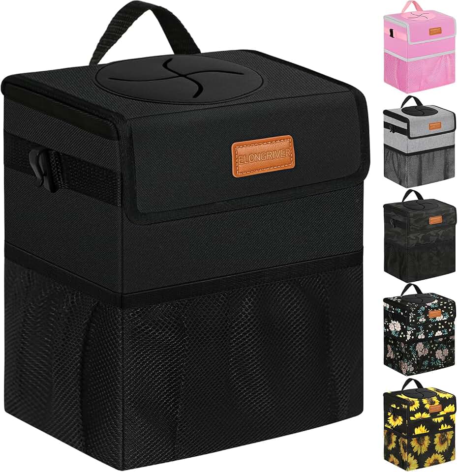 ELONGRIVER Leak Proof Car Trash Can with Lid Black | 2 Gallon Hanging Cute Car Trash Bag Bin for Car Auto Vehicle Sedan SUV Car Accessories Interior for Men Women