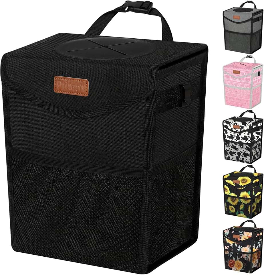 Pritent Car Trash Can with Lid Leakproof Car Garbage Bag Vehicle Trash Bin | Hanging Automotive Garbage Can,Multipurpose Car Accessories for Women Men Interior Car Storage Organizer(2 Gal,Black)