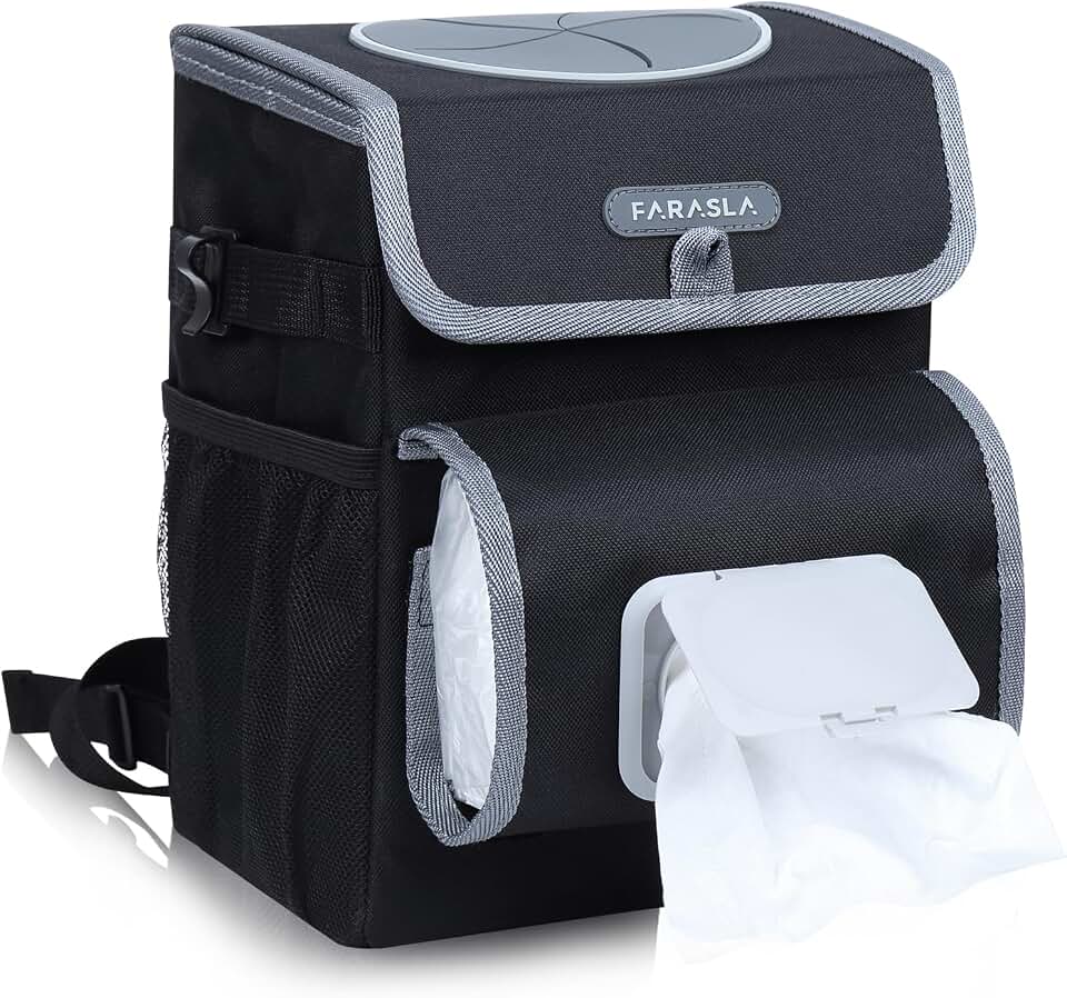 Farasla All-in-One Car Trash Can, Garbage Bag for Car | Heavy Duty Structured with Removable Leakproof Interior Liner, Adjustable Tissue Holder &amp; Straps(Black)