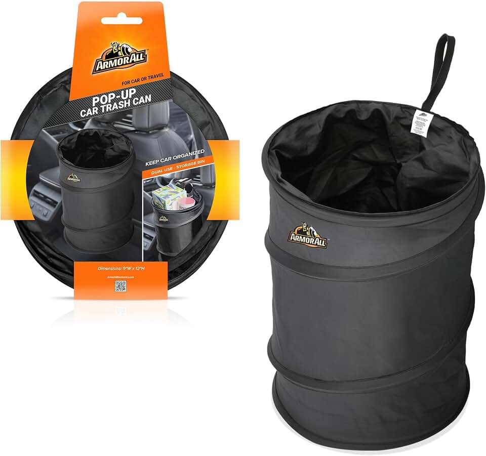 Armor All Car Trash Can, 3.3 Gallon Pop-Up Garbage Bin, Waterproof, Loop for Hanging, Velcro Base, Washable, Metal Frame, Portable Collapsible Design for Easy Storage, 12” Inch High x 9” Inch Wide