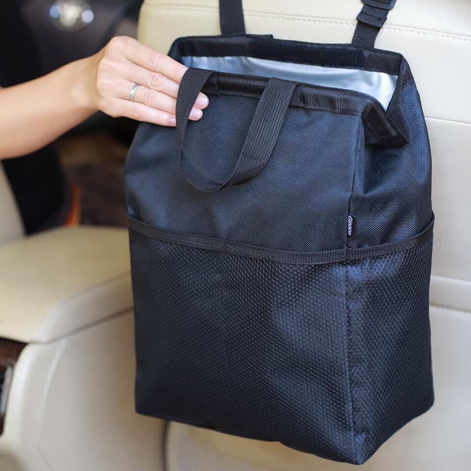 Ginsco New Leak-Proof Travel Car Trash Bag, 3.5 Gallons Large Capacity Hanging Car Trash Can with Hook and Loop Lid and Handle, Multipurpose Trash Bin with Storage Pockets for SUV RV Camping (Black)