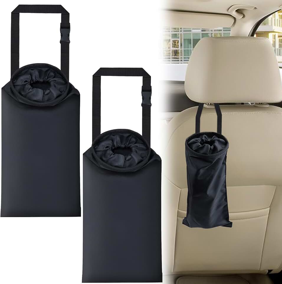 ecocstm 2 PCS Car Trash Bags, Car Accessories Washable Garbage Bag Hanging | Detachable Trash Can with Top Elastic Vent &amp; Sticky Strap Bottom Opening, Seat Back Tash Bag for Cars,Travelling,Outdoor Global Recycled Standard