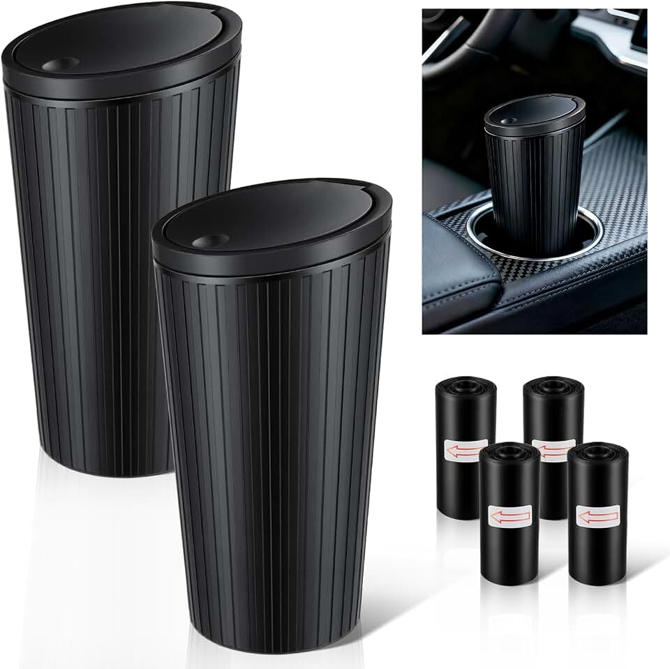 SINGARO 2PCS Car Trash Can with Lid, Leakproof Mini Garbage Bin for Car Cup Holder, Small Trash Can for Vehicle, Home &amp; Office - Includes 60 Bags, Easy Clean (Black)