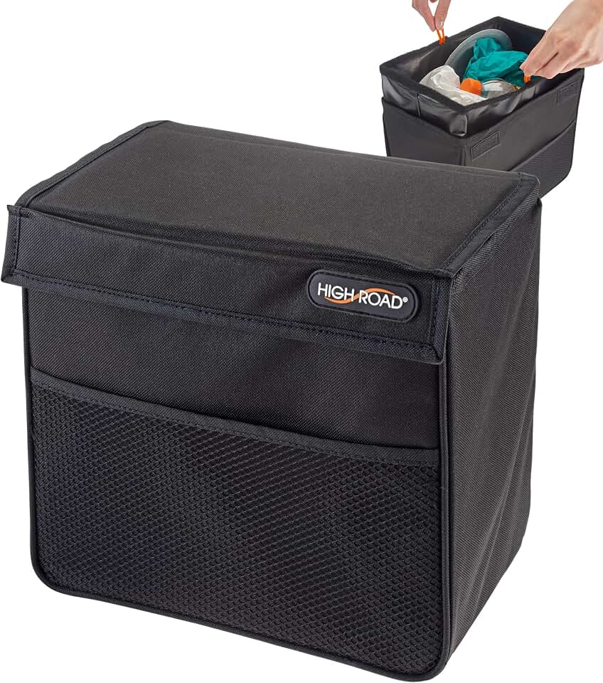 Weighted Car Trash Can with Lid, Storage Pocket and Leakproof Liner | High Road's Behind Console Car Garbage Can With Bottom Weight, Floor Grips and Removable Easy-Clean Insert