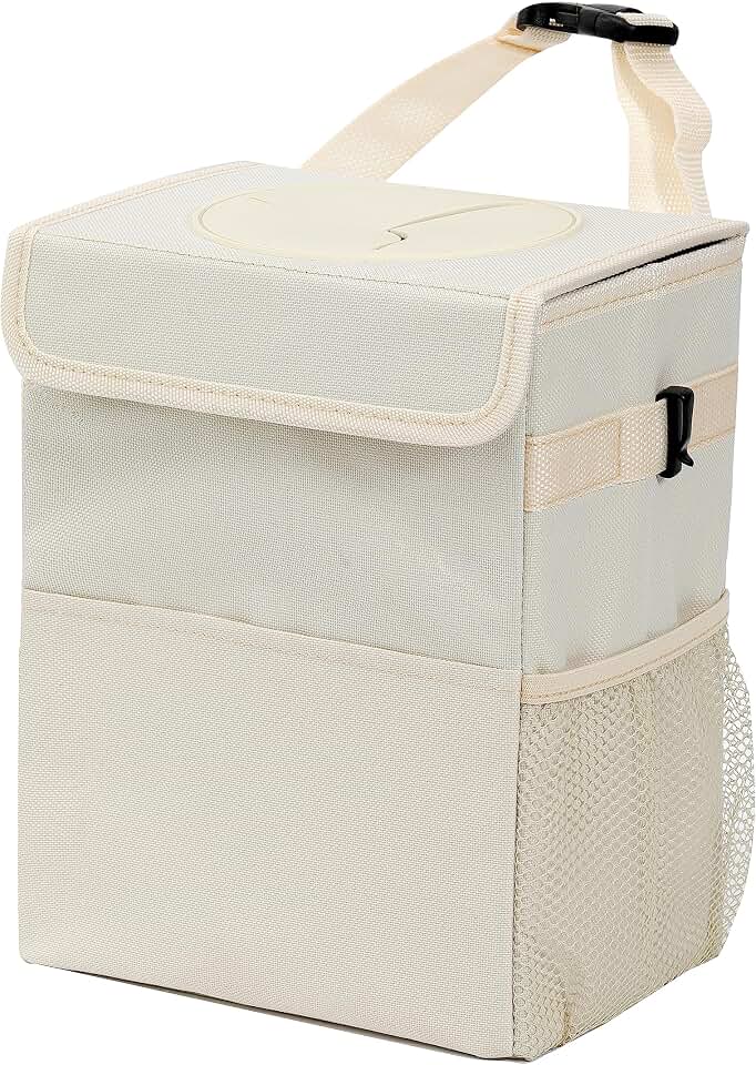 AOKJOY Car Garbage can with lid Leak Proof Vehicle Trash Can 3 Storage Pockets Hanging Waterproof car Trash Bag for SUV Beige