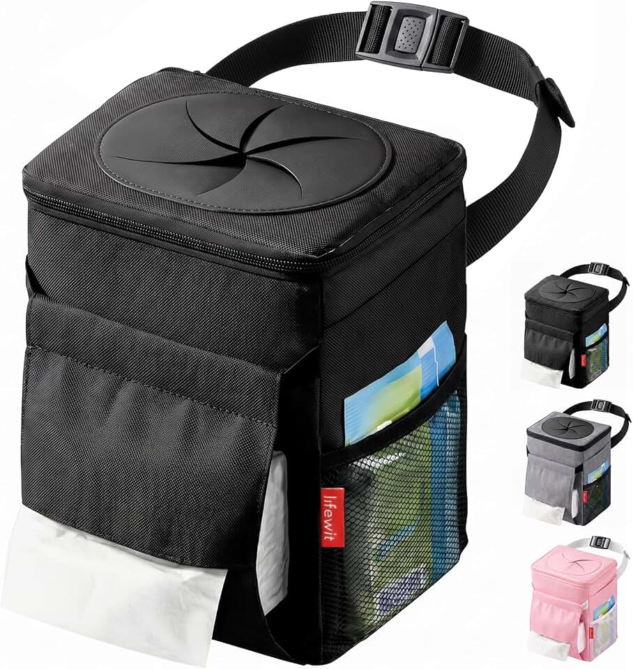Lifewit Car Trash Can with Lid, Garbage Bag Hanging, Trash Bin, 2 Gallon | Leakproof, Waterproof, Tissue Holder, Adjustable Straps, Magnetic Snaps, Automotive Interior Accessories, Black