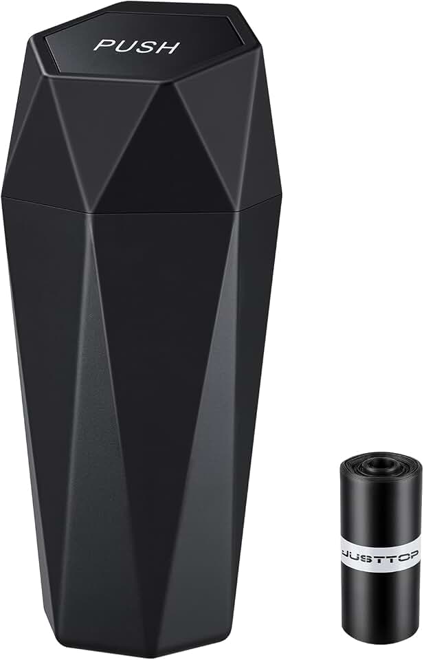 JUSTTOP Car Trash Can with Lid, Diamond Design Small Automatic Portable Trash Can with 1 Trash Bag, Easy to Clean, Used in Car Home Office (Black)
