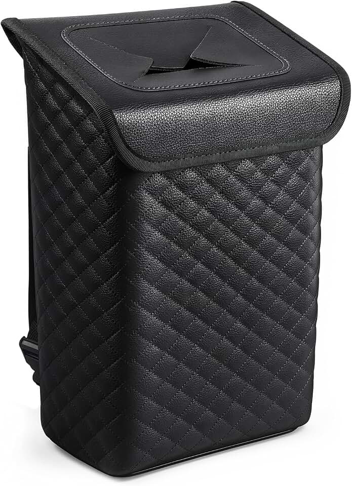 Tsumbay Car Trash Can with Lid, Leather Garbage Can, Leakproof and Removable Interior Liner, Multipurpose Hanging Garbage Bin with Quick Access Magnetic Opening, Trash Bin for Car (2 Gallon/7.5L)