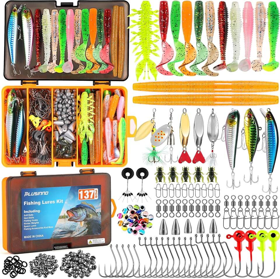 PLUSINNO Fishing Lures, 137Pcs Tackle Box with Tackle Included, Crankbaits, Spoon, Hooks, Weights &amp; Other Accessories, Fishing Bait Lure Gear Kit Gift for Men Bass Freshwater