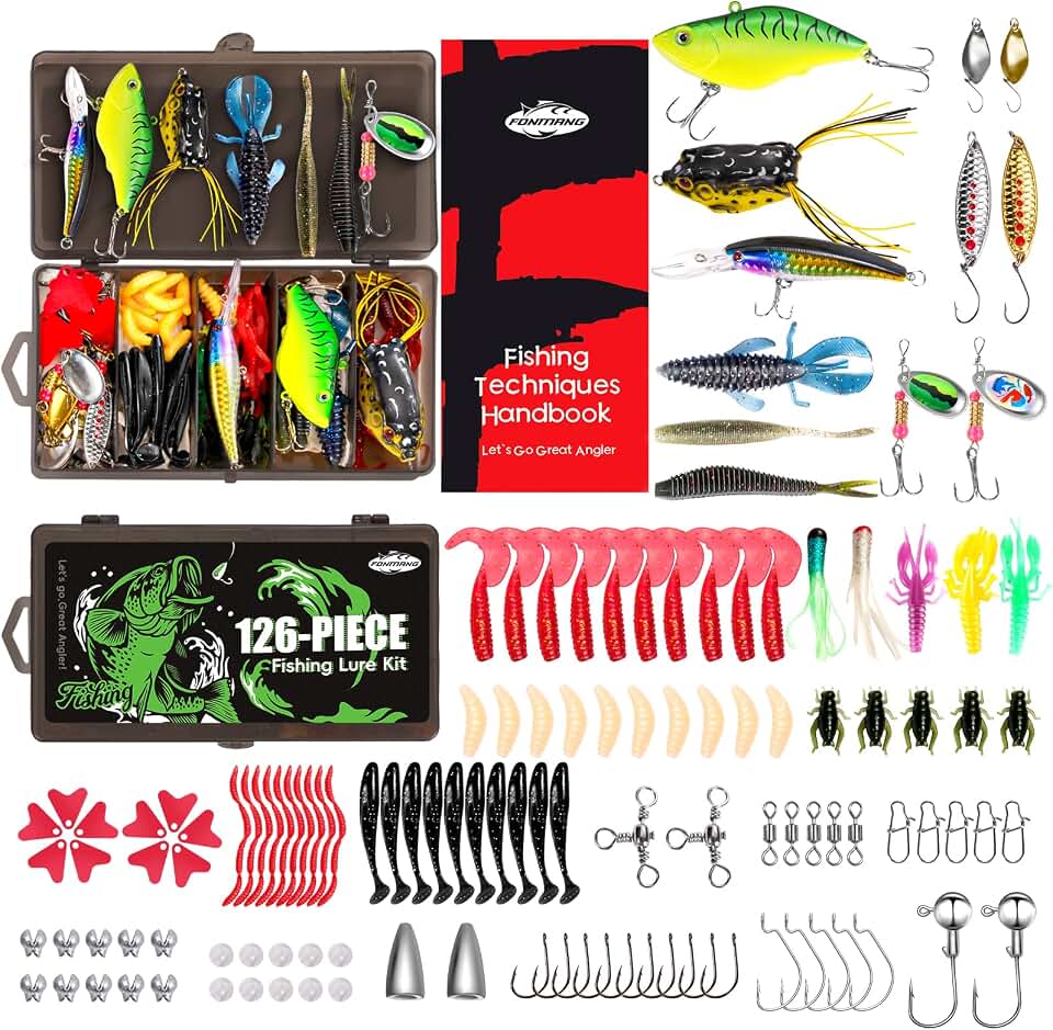 FONMANG Fishing Lures - Tackle Box with Tackle Included, Fishing Kit with VIBs, Frogs, Minnows, Soft Baits, Hooks &amp; Weights Accessories, Freshwater Lure Kit for Bass Walleye Trout
