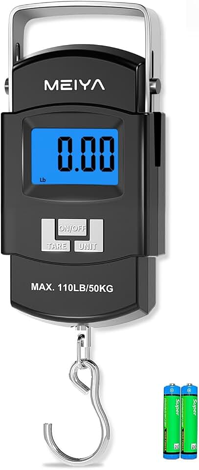 MEIYA Fish Scale 110lb/50kg Digital Fishing Scale with Backlit LCD, Portable Handle, Stainless Steel Hook &amp; 2 AAA Batteries – Reliable Fishing Gear &amp; Great Fishing Gifts for Men