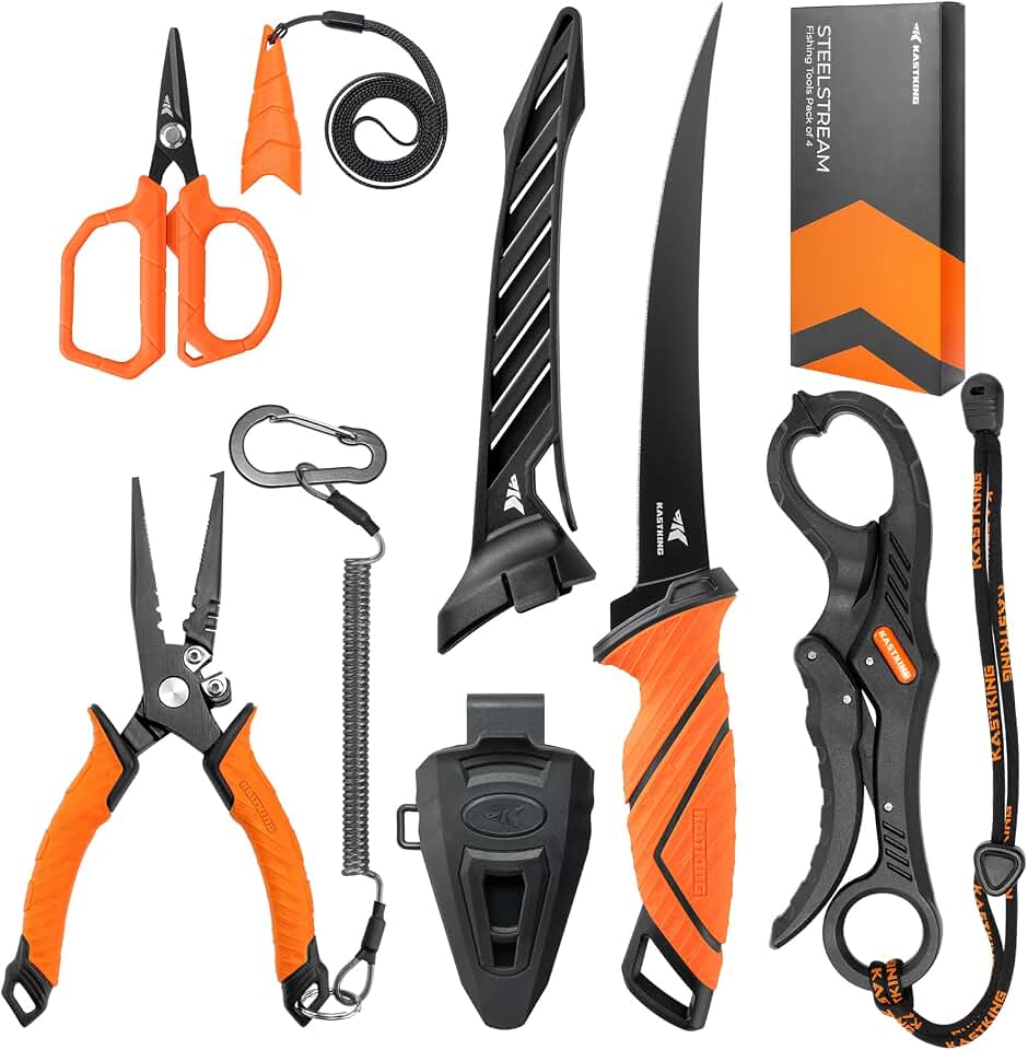 KastKing SteelStream Fishing Tool Set, Fishing Gear | Corrosion Resistant Fishing Pliers, Fillet Knife, Scissors, 55 lb Floating Fish Lip Gripper, Multi-Function Fishing Tools
