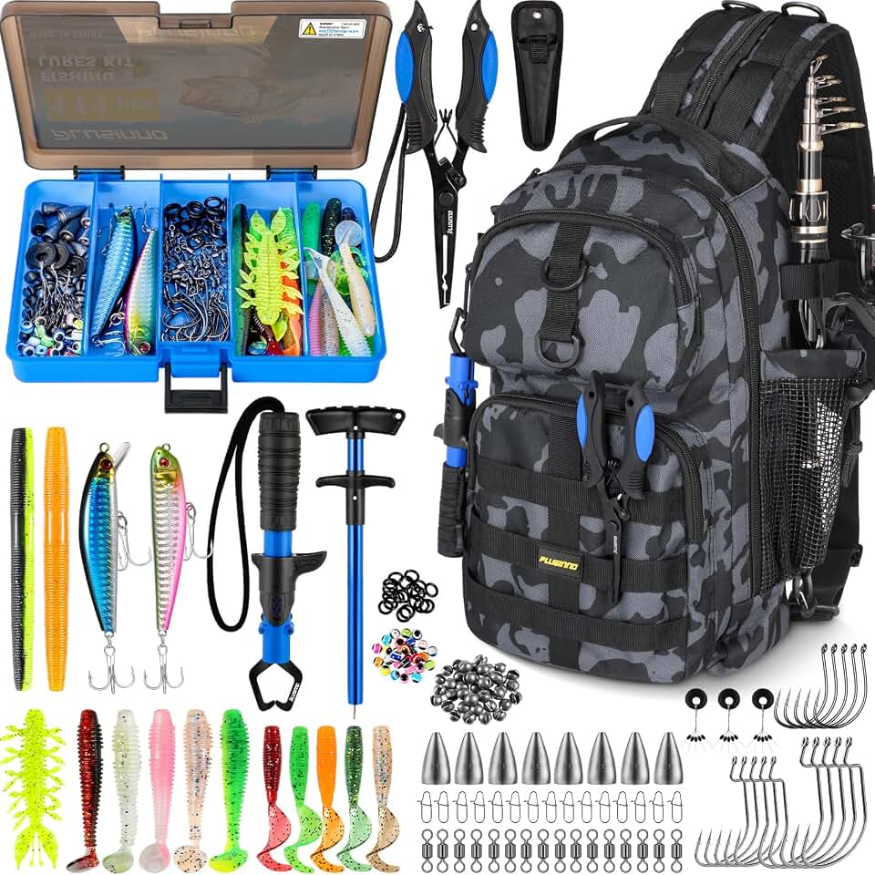 PLUSINNO Fishing Backpack with Tackle Box &amp; Fishing Gear Kit Tackle Bag | Waterproof Fishing Sling Tackle Backpack with Fishing Kit With Rod Holder, Fishing Gifts for Men With Lures, Fishing Pliers