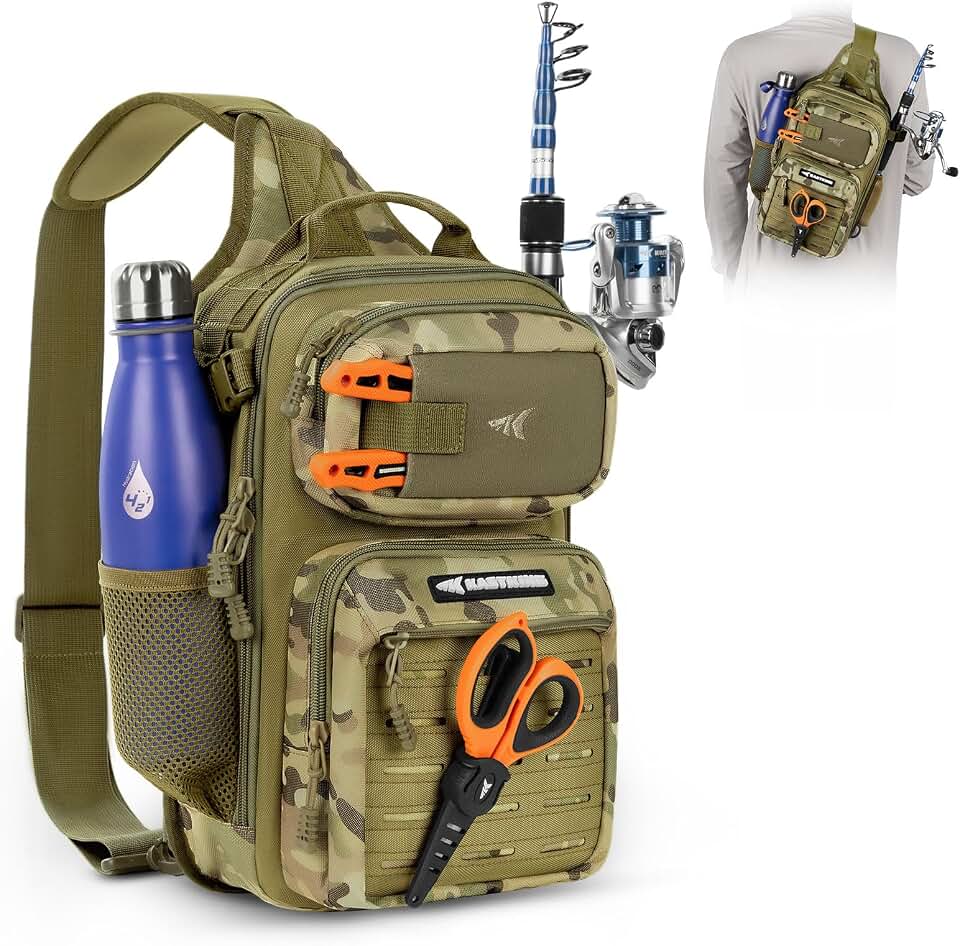 KastKing Blowbak Fishing Sling Bag, Fishing Backpack with Rod Holder | Fishing Bag Storge Fishing Gear, Gift for Men, Molle System, Water-Resistant Material