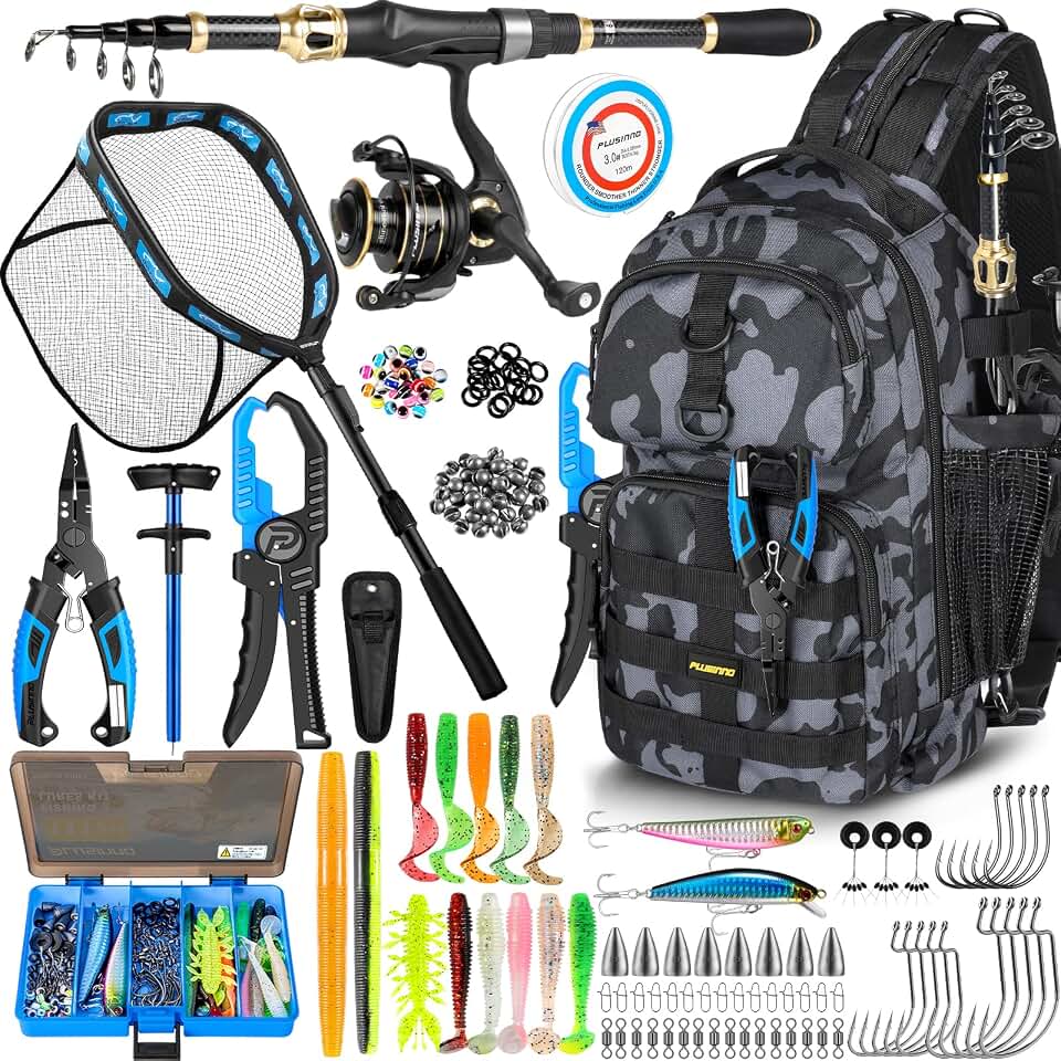 PLUSINNO Fishing Gear-Fishing Rod &amp; Fishing Backpack, Fish Net,Tackle Box | Tackle Backpack Kit With Fishing Pole For Saltwater &amp; Freshwater, Fishing Floating Net, Fishing Tools, Fishing Tackle Bag