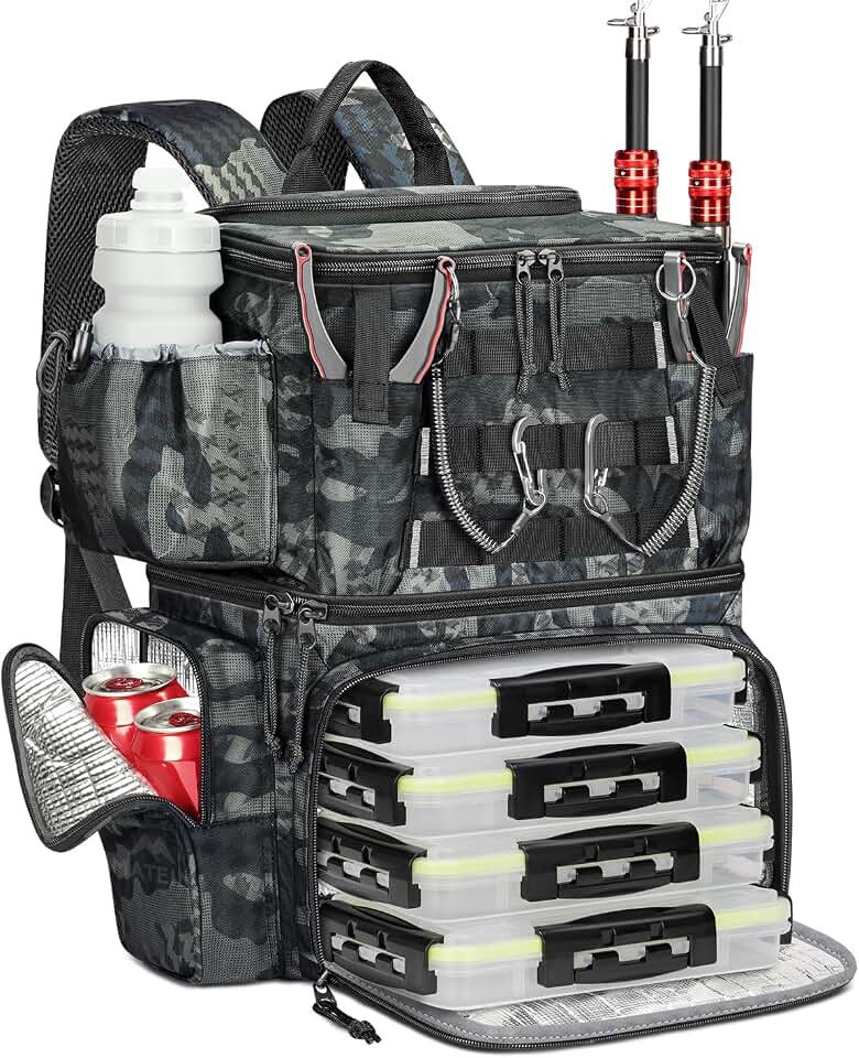 MATEIN Fishing Backpack with 4 Tackle Boxes, Fishing Bag with Rod Holder | 3600 Tackle Box 4 Pack, Water Resistant Tackle Backpack with Cooler Compartment, Safety Compass, Gifts for Fishermen OEKO-TEX STANDARD 100