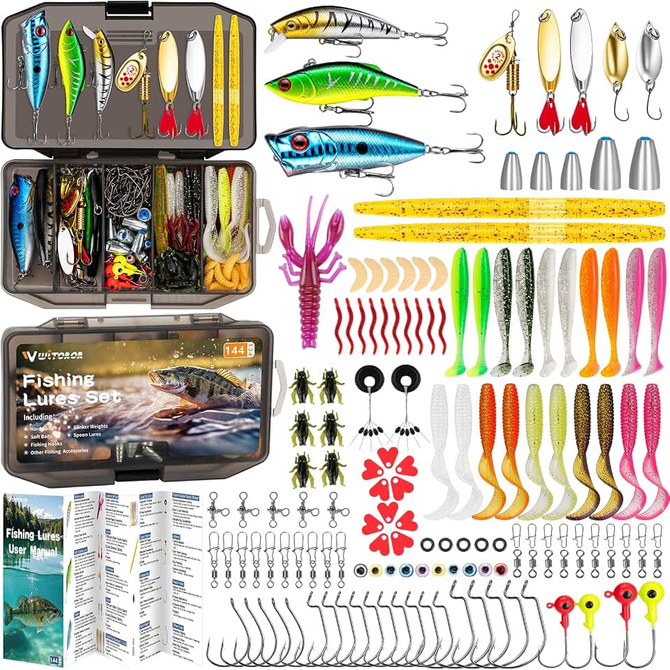 WITOROR Fishing Lures, Tackle Box with Tackle Included, Crankbaits, Soft Plastic Baits, Hooks, Weights &amp; Fishing Accessories, Freshwater Fishing Gear Kit for Bass, Trout, Walleye &amp; Beginners