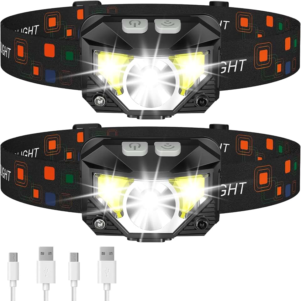LHKNL Headlamp Flashlight, Lumen Bright Head Lamps LED Rechargeable Camping | Ultra-Light, with White Red Light, 2-Pack Waterproof Motion Sensor Headlight, 8 Modes for Outdoor Running Hiking Fishing