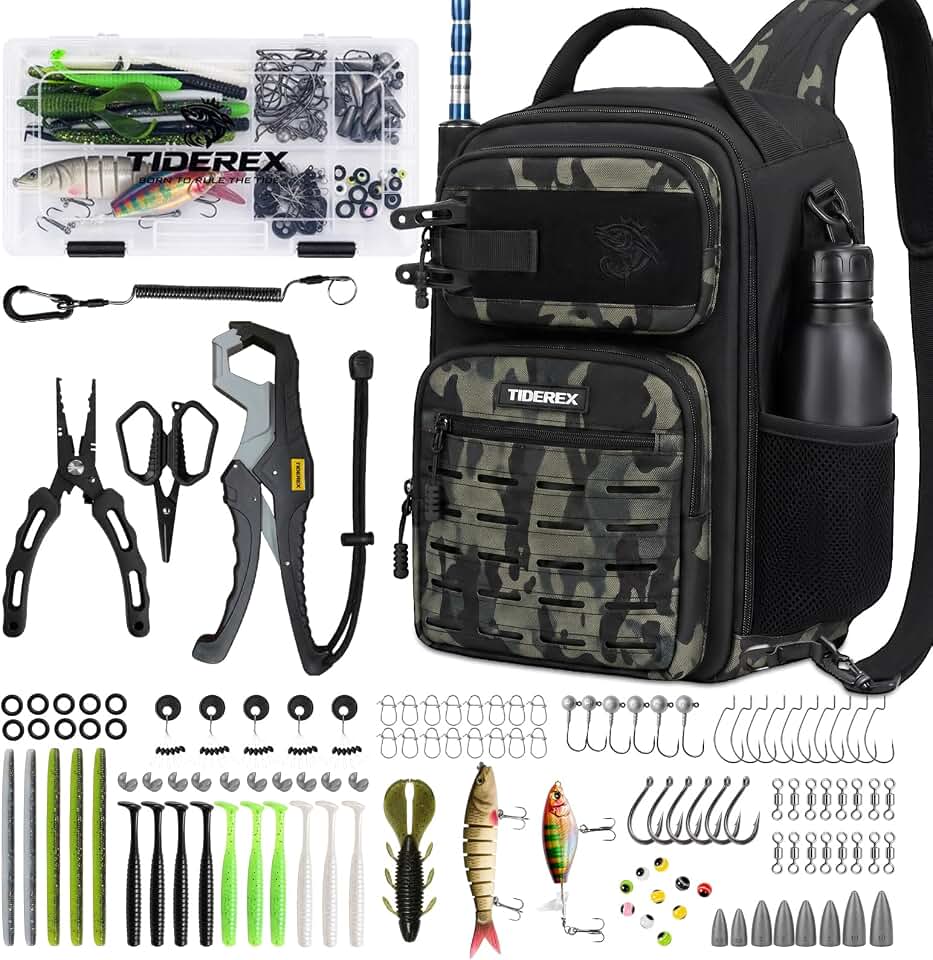 Fishing Sling Bag with 3500 Tackle Box &amp; Fishing Gear, Black Camo. | With Lures, Hooks, Rigs, Tools, Waterproof &amp; Lightweight, Freshwater &amp; Saltwater, Beginners Friendly, Fishing Gifts for Men