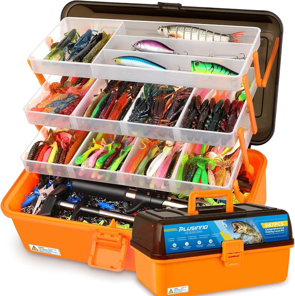 PLUSINNO Fishing Tackle Kit, Large 12X Spacious 4-Layer Tackle Box, 547 Pcs | All-In-One Fishing Gear, 16 Pro Rigs, Large Capacity, Ultra-Durable Pliers, Gripper, Remover, Freshwater Bass Gift for Men