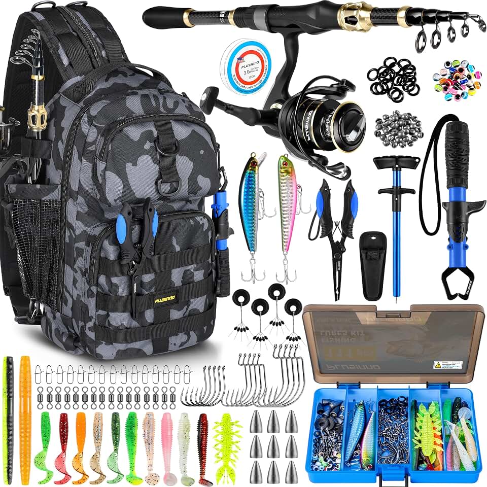 PLUSINNO Fishing Backpack with Rod &amp; Reel Combos, Fishing Gear Kit | Waterproof Tackle Backpack With Tackle Box &amp; Fishing Rod &amp;Pole Holders, Fishing Gifts for Men, Fishing Bag For Fresh &amp; Salt