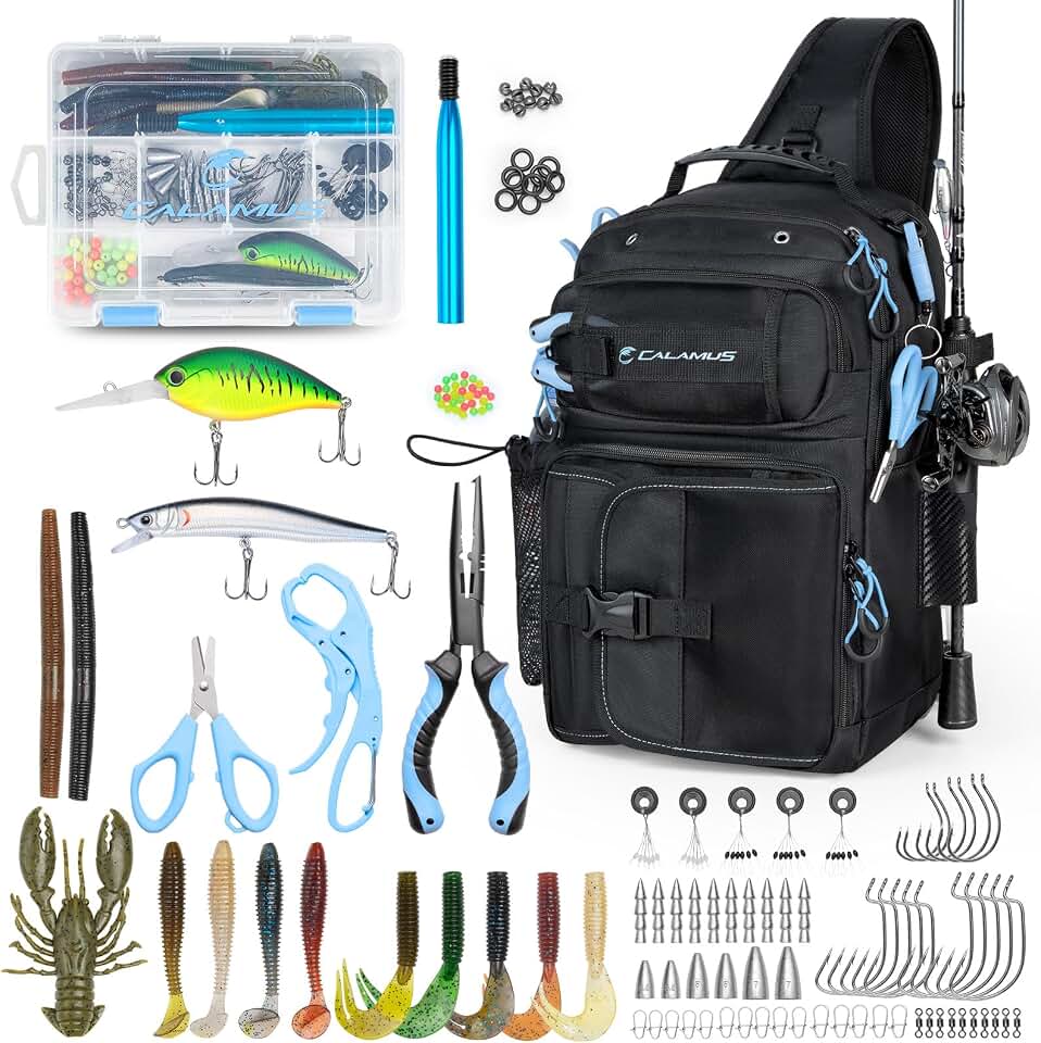 Calamus GearMaster Fishing Sling Tackle Bag &amp; Tool Set | Fully Equipped Tackle Kit, Tackle Box, Fishing Lures, Pliers &amp; Scissors, Lip Gripper, Wacky Tool, Fishing Gifts for Men